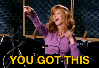 Lisa Kudrow pointing fingers and dancing gif with 'you got this' text embedded