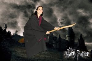 Turning 40 in style, Sara on a broomstick at Harry Potter studios