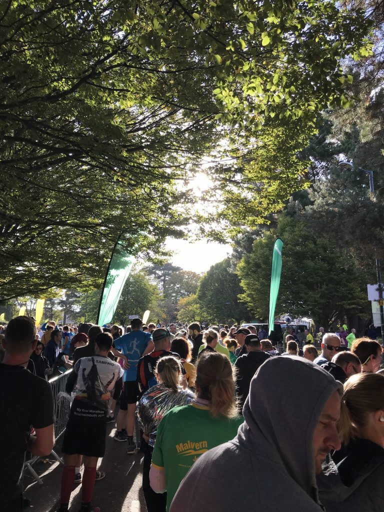 The green starting pen of the Bournemouth marathon