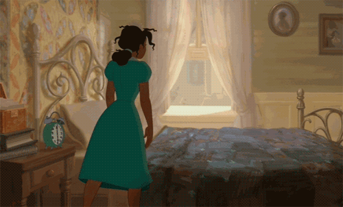 animated girl falling onto bed exhausted gif