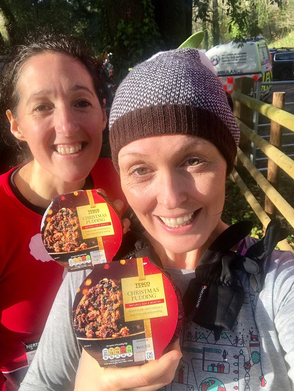Me and Rhian with our Christmas puddings after the Merthyr Mawr Christmas Pudding Race