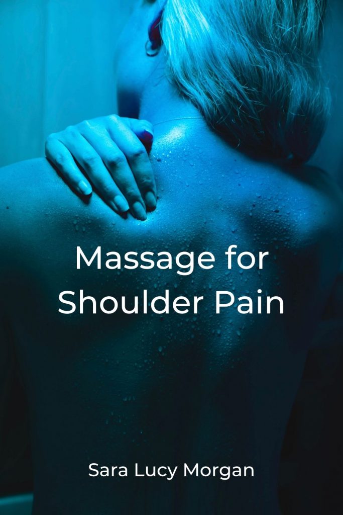 massage for shoulder pain - lady with hand on her shoulder in pain