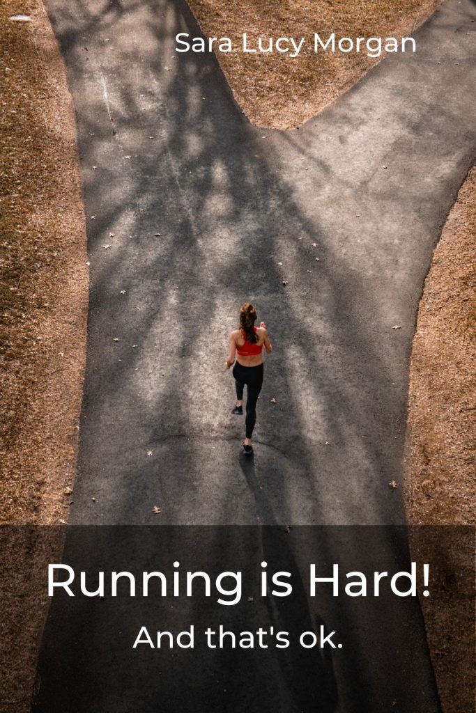Running is hard - woman running towards fork in the road.